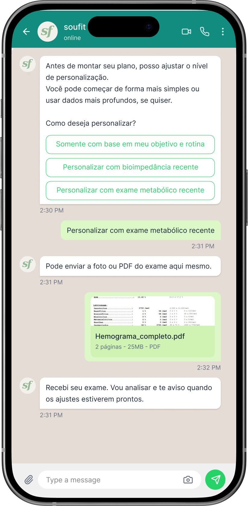 Tela do app Soufit - Envie seus exames